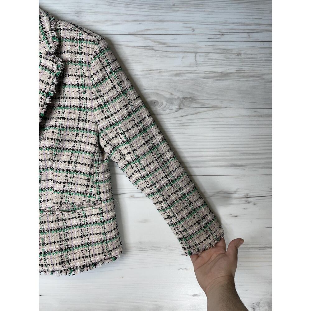 Ann Taylor Jacket Womens 4 Cream Green Tweed Boucle Blazer Fringe Lined Cropped - Picture 3 of 10